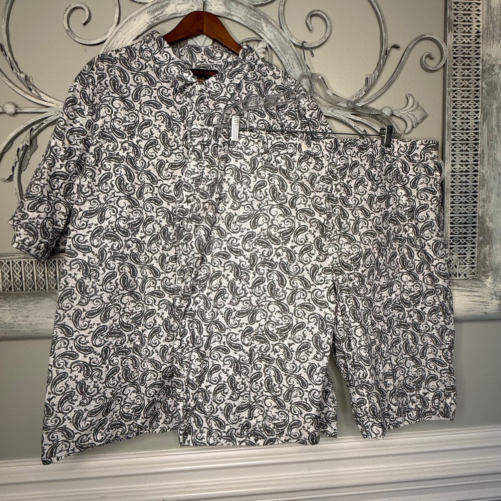 Linea Uomo Mens 3X Paisley Shirt and Shorts Matching Set Black White 100% Cotton